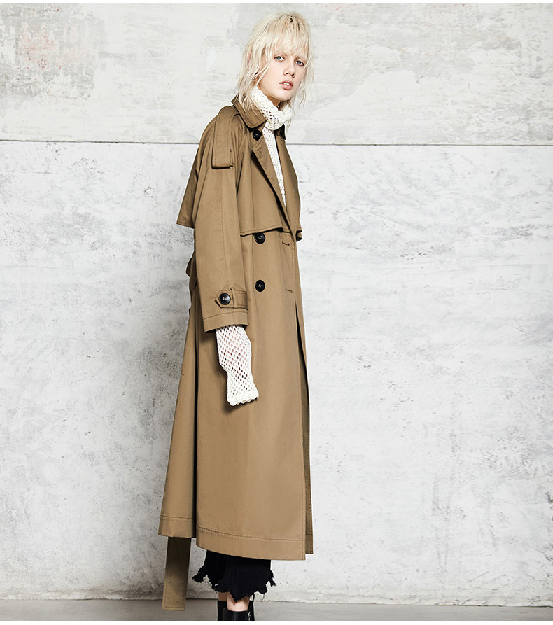 摩安珂女士风衣moco2017秋季新品翻领系腰带中长款双排扣风衣ma173