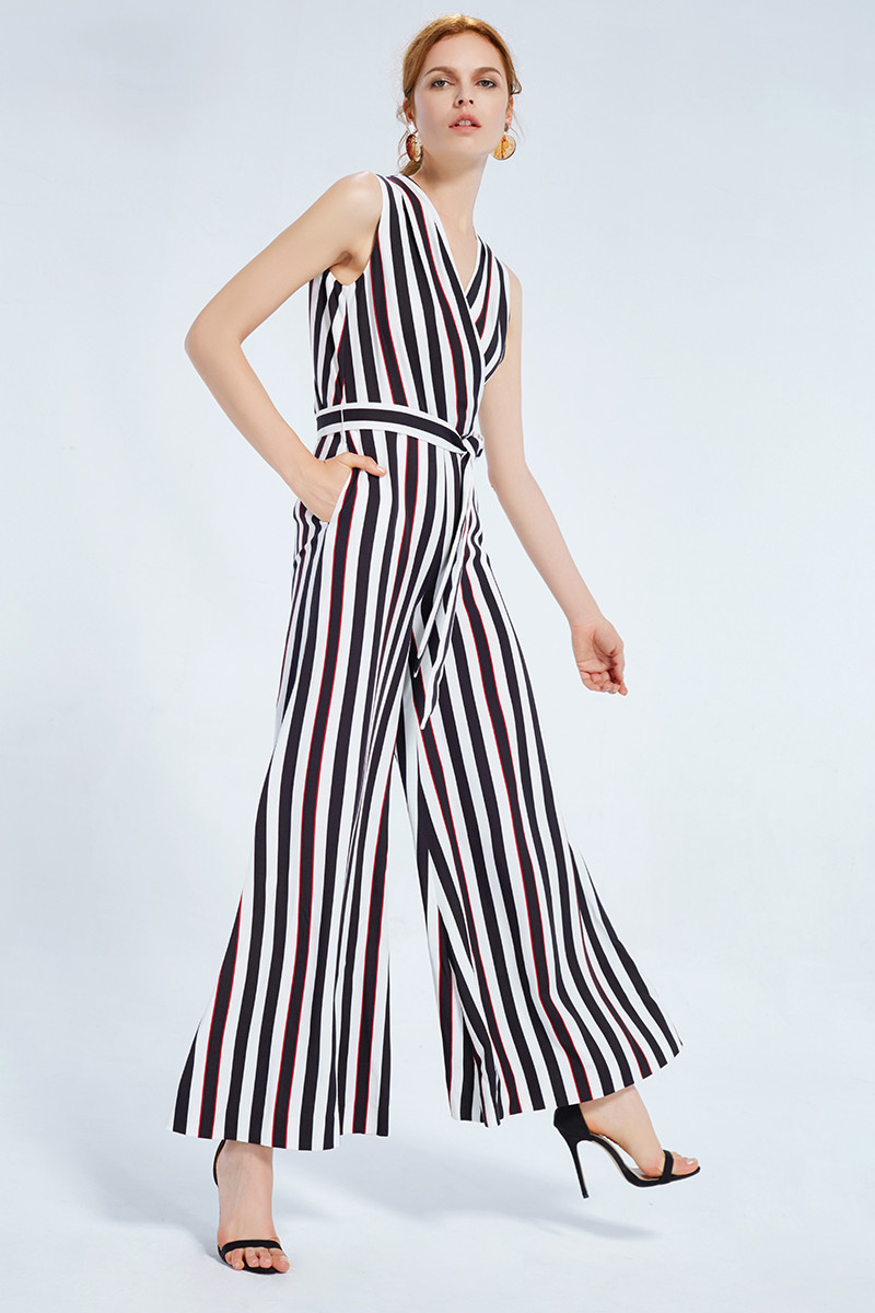 womenswear 18新品】ladys elite/ladys elite 三色条纹v领连体裤