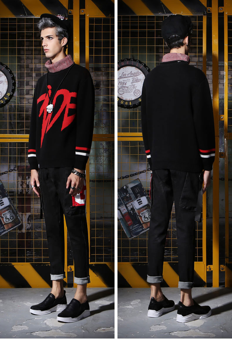 男装 新款 松紧带 牛仔裤 印花 嘻哈 大口袋 黑色 牛仔裤 男 p167