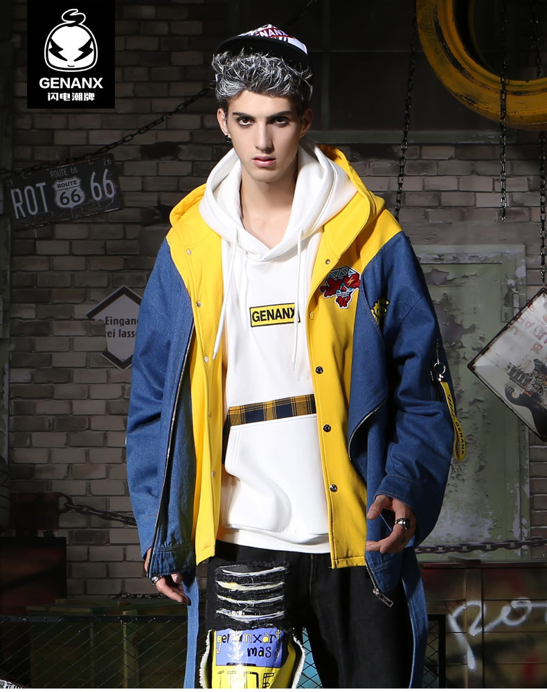 genanx&闪电潮牌 运动 牛仔外套 男 宽松 bf风 印花 秋款 时尚 情侣装