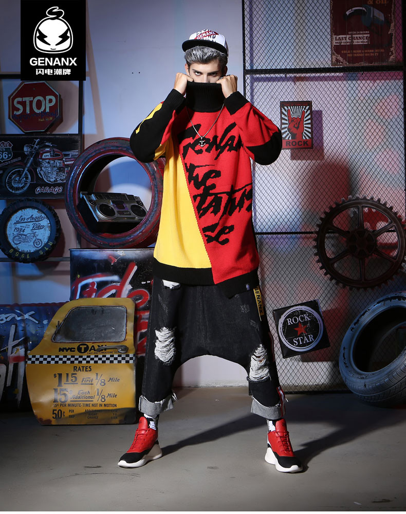 genanx/闪电潮牌高领毛衣男撞色拼接撞色2018新款街头嘻哈潮针织衫