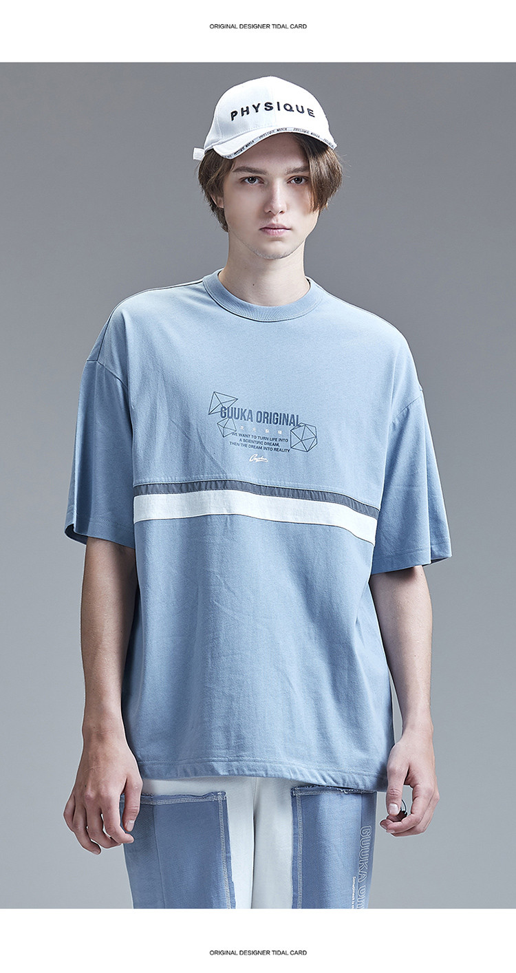 guuka潮牌雾霾蓝 五分袖 t恤 宽松 青少年 ins嘻哈几何印花 男士 短袖