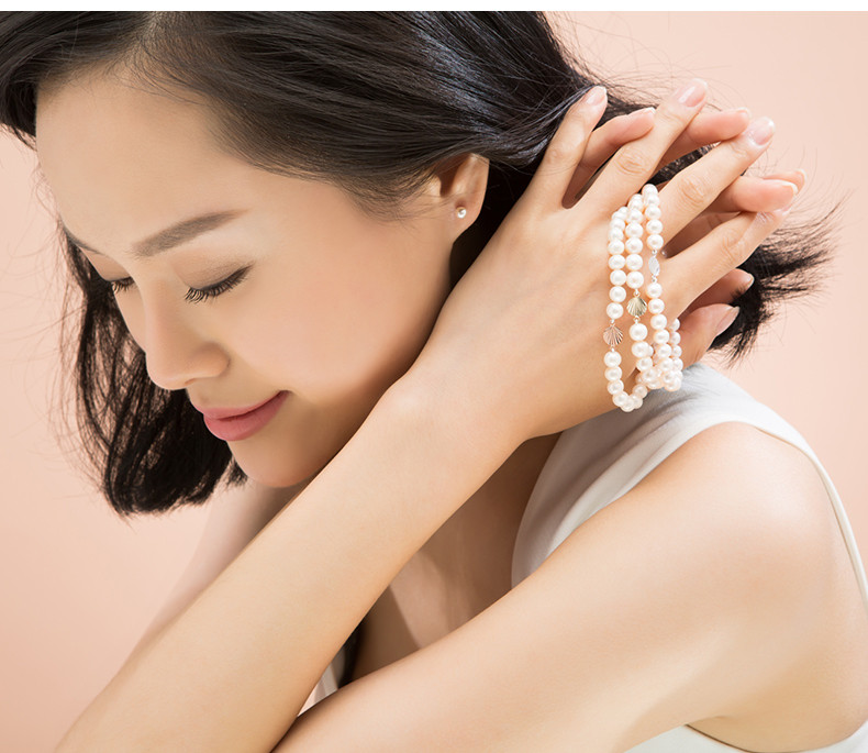 gnpearl/京润珍珠手链海贝白色淡水珍珠松紧绳手链6-7mm圆形珠18k金送