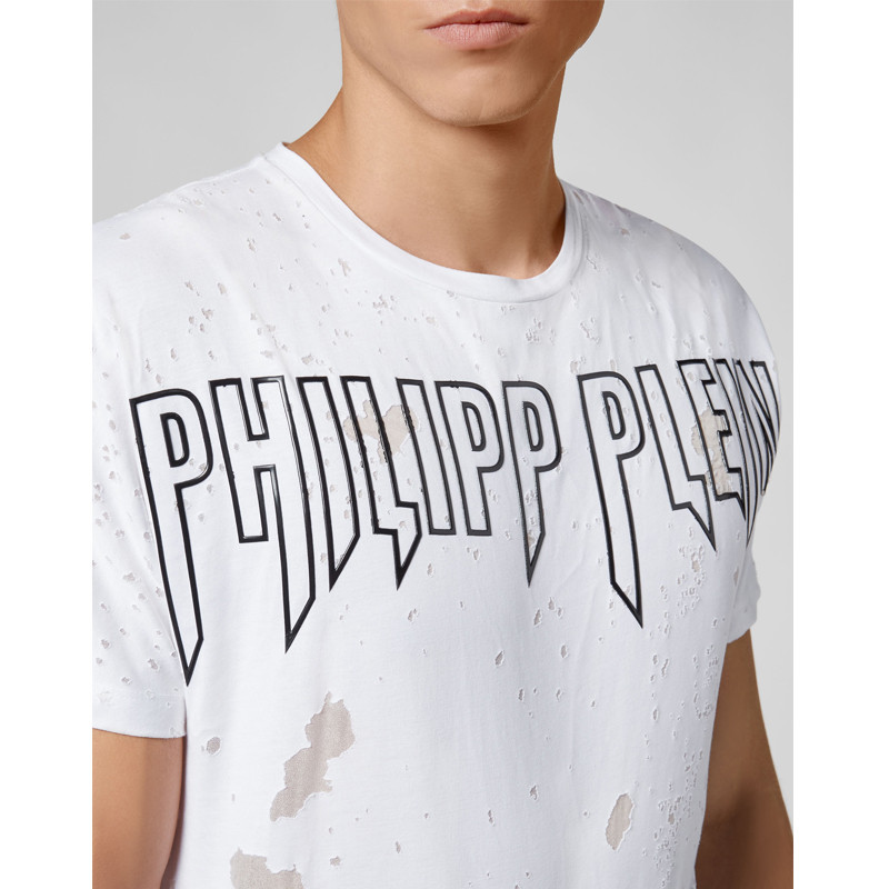 philippplein/菲利普·普兰【19春夏】斑驳破坏logo白色男士短袖t恤
