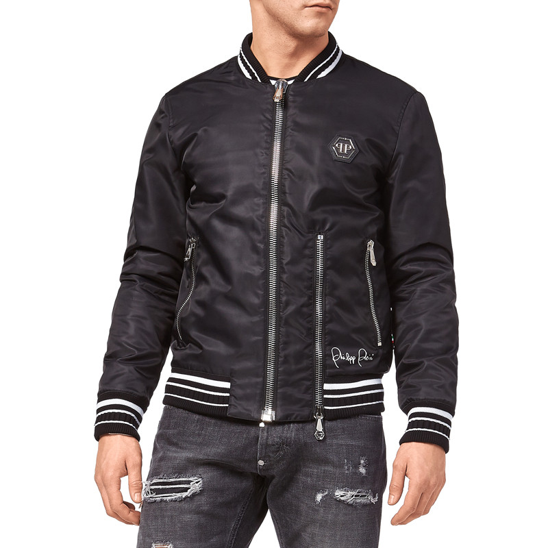 philippplein/菲利普·普兰【18秋冬】涂鸦logo拉链装饰男士夹克黑色