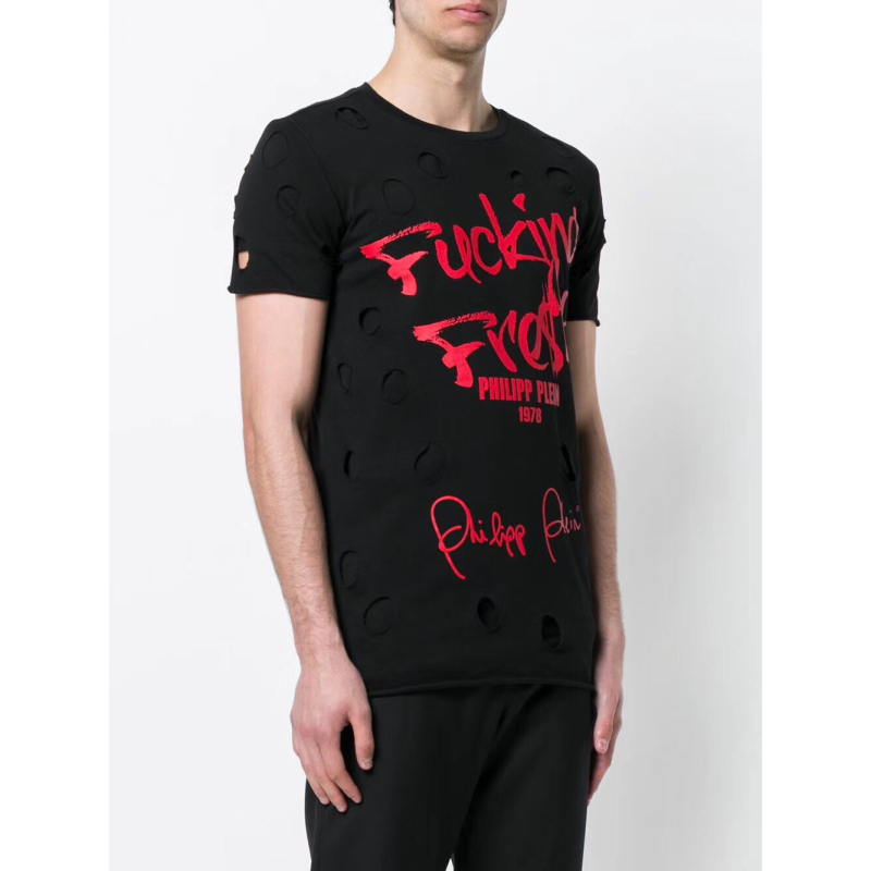 philippplein/菲利普·普兰18年春夏黑色印花短袖破洞男士短袖t恤mtk