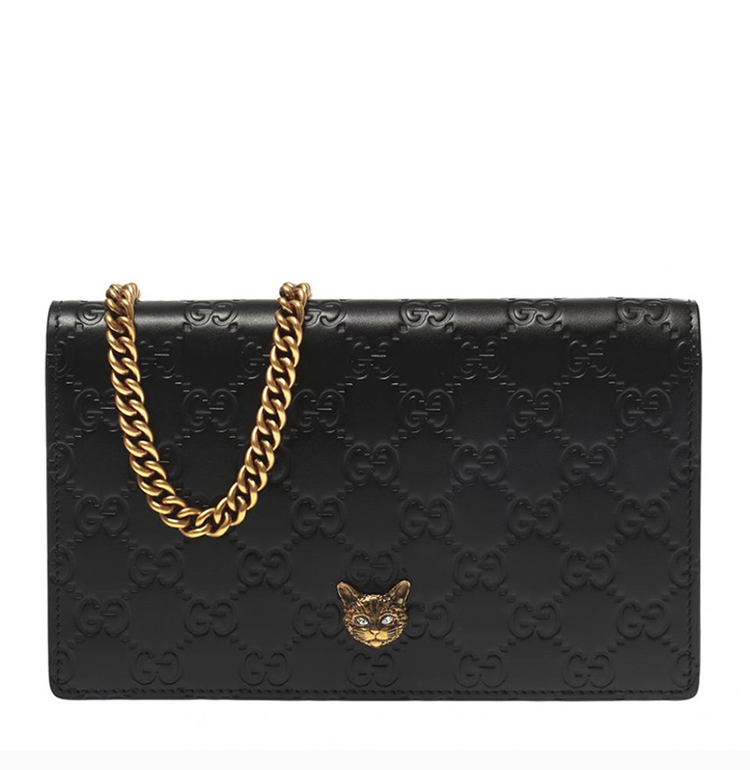 gucci/古驰 20春夏 女士黑色牛皮猫头装饰gg压花单肩斜挎链条包