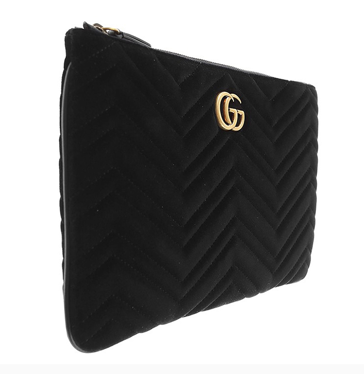gucci/古驰 gg marmont系列 女士黑色天鹅绒双g标识拉链大号手拿包