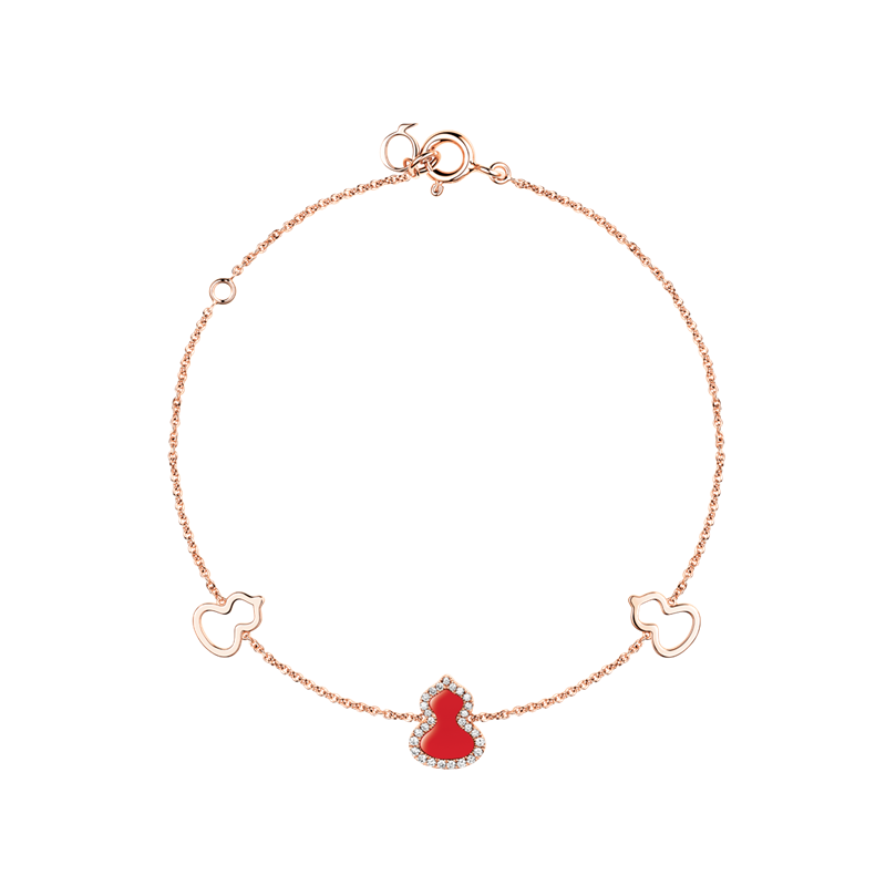 包邮包税】qeelin/麒麟珠宝 经典款18k玫瑰镶嵌钻石红色葫芦雾露手链