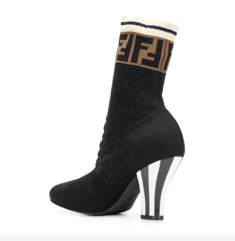 fendi/芬迪 女士黑色袜子靴经典双f印花高帮高跟鞋长靴女鞋 8t6763-a3