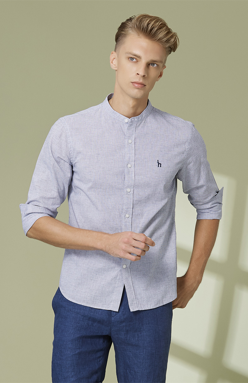 【商场同款】hazzys/哈吉斯 201春夏新款男士长袖衬衫英伦简约细格