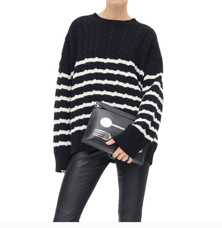 loewe/罗意威 19春夏 女士黑白拼色羊毛条纹线长袖针织衫毛衣