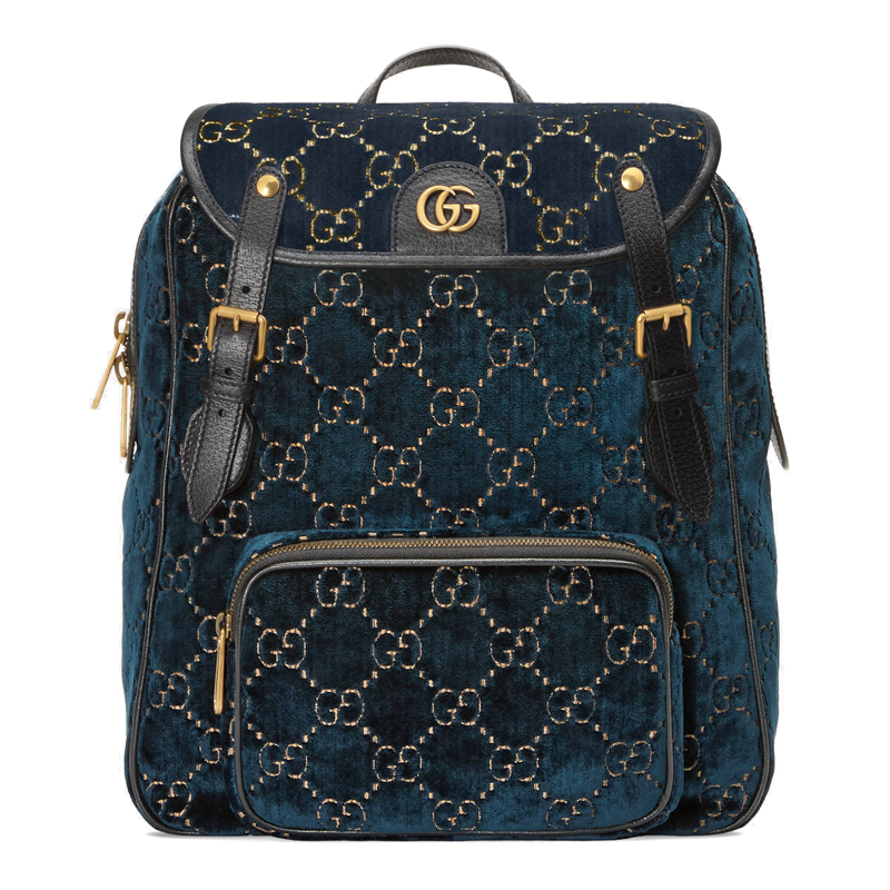 【包邮包税】gucci/古驰 女士小号蓝色天鹅绒拼皮双肩包 574942 gz8ct