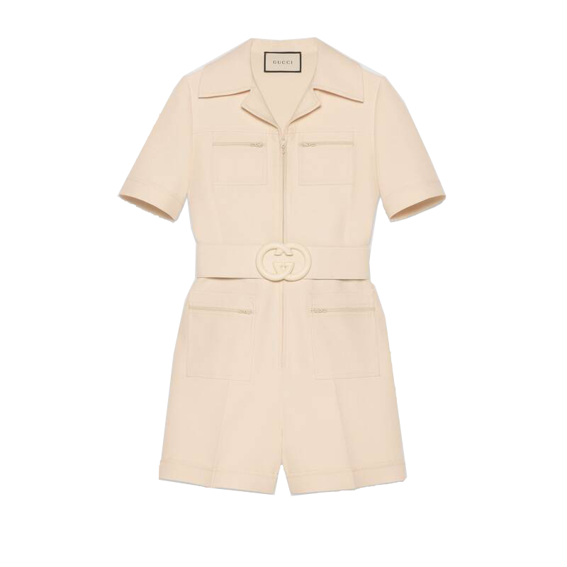 gucci/古驰女装 19春夏女士连体衣双g腰带收腰米色连体短裤587417 zkd