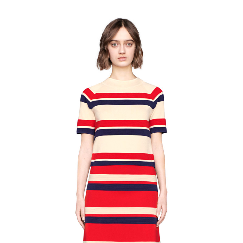 gucci/古驰女装 19春夏女士新款条纹毛呢上衣短袖t恤574160 xkarh