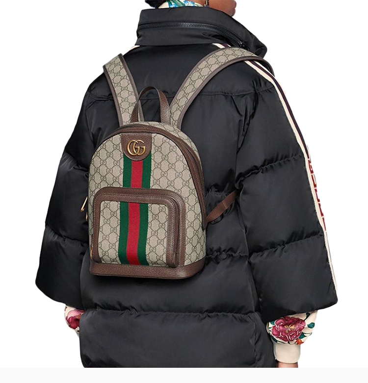 gucci/古驰 20春夏 ophidia系列 女士卡其色条纹双肩背包