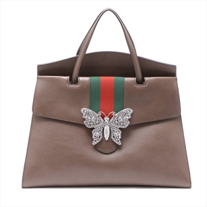 gucci/古驰 经典红绿条纹蝴蝶皮革手提包(皮革) 【a已使用】