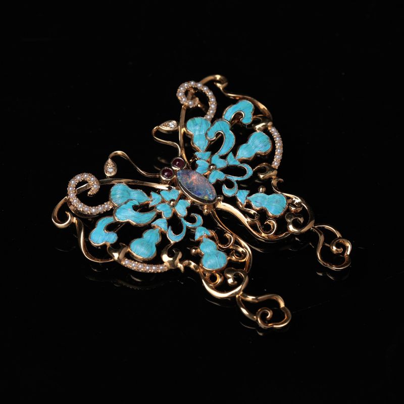 zhangs textiles/绣花张 18k金点翠蝴蝶胸针吊坠两用款【北京极速达