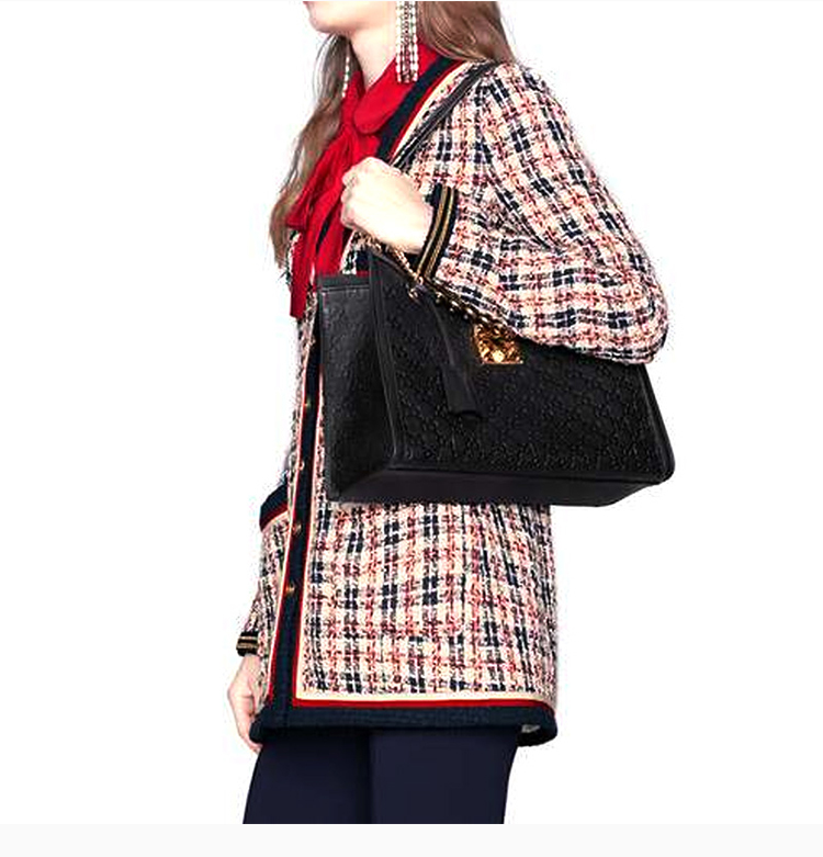 gucci/古驰 padlock系列 女士黑色牛皮时尚双g压花链条单肩包斜挎包