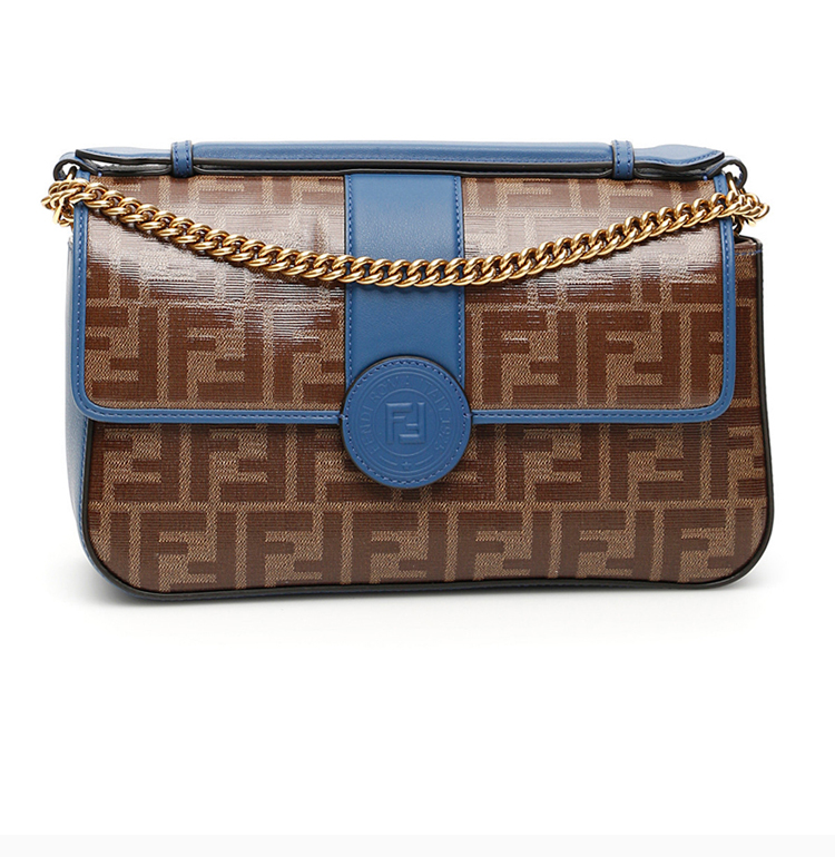 fendi/芬迪 19春夏 女士棕蓝拼色小牛皮经典复古双f单肩斜挎包手提包