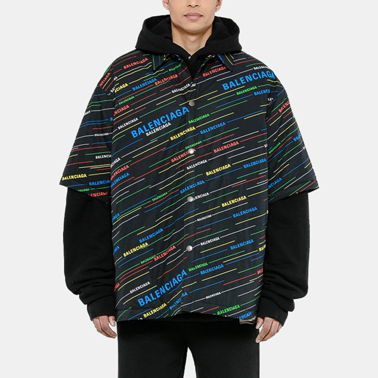 balenciaga/巴黎世家 男士外套男士夹克 黑底彩色徽标翻领衬衫 556237