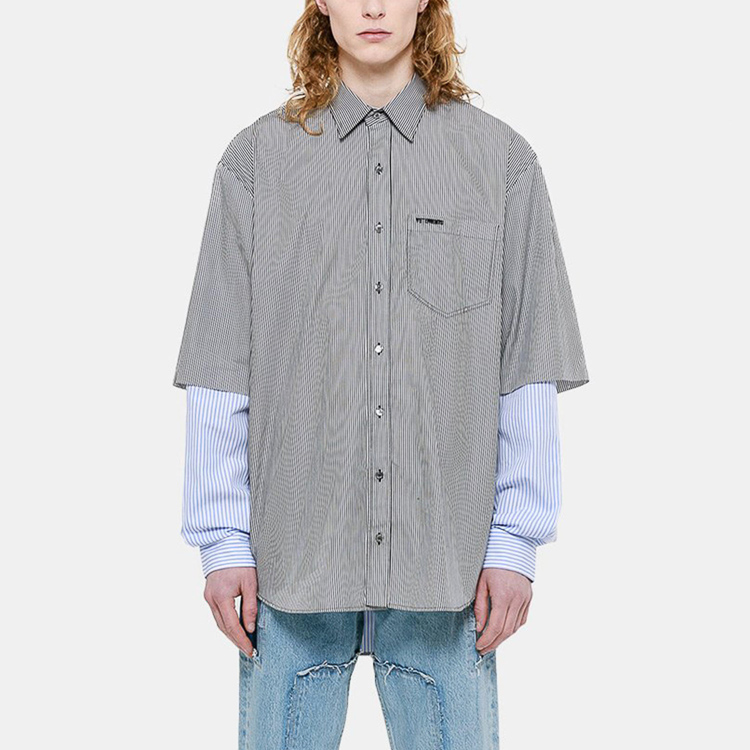 vetements/vetements 黑色和浅蓝色条纹棉质假两件男士长袖衬衫 mss