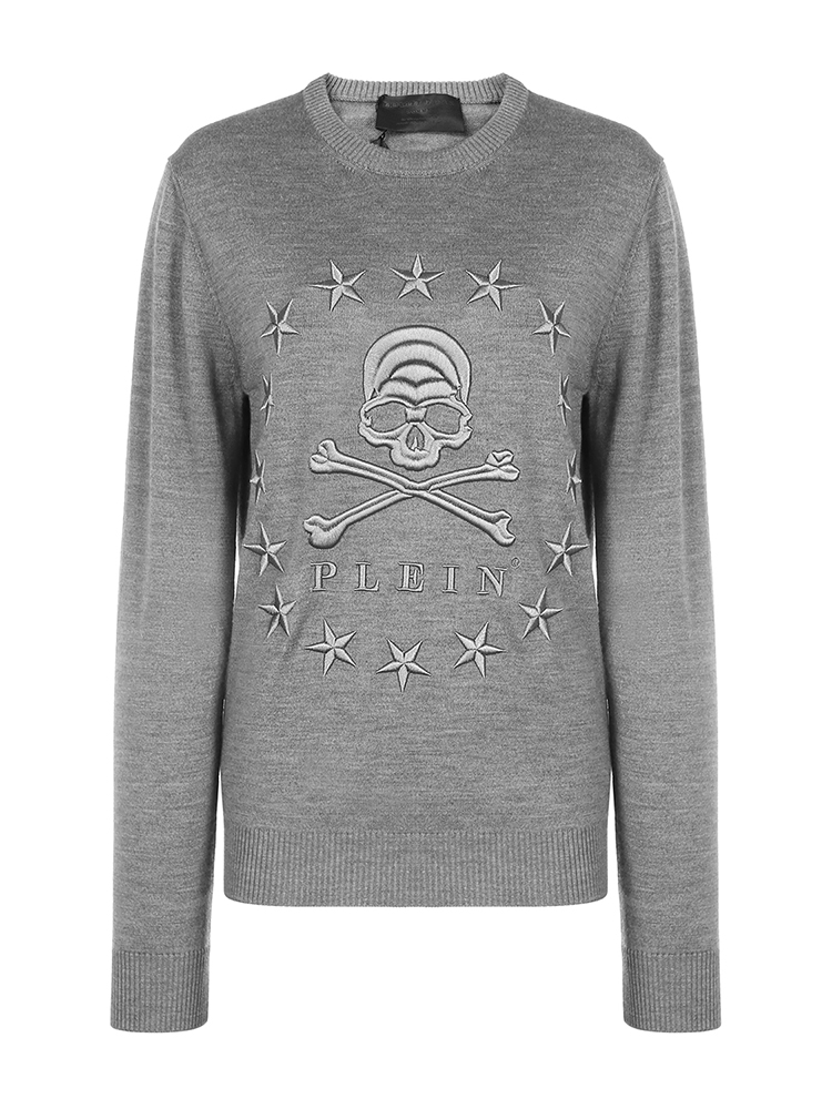 philippplein/菲利普·普兰女士灰色刺绣套头毛衣wko0125pte076n10