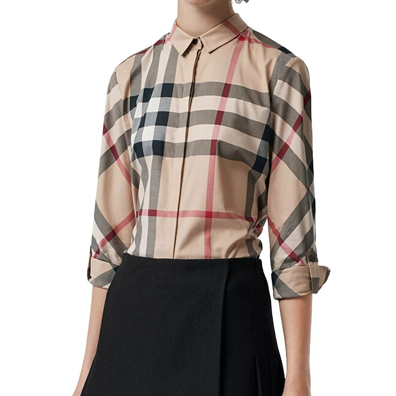 burberry/博柏利 19新款女士卡其色格纹棉质休闲翻领长袖衬衫 3918091