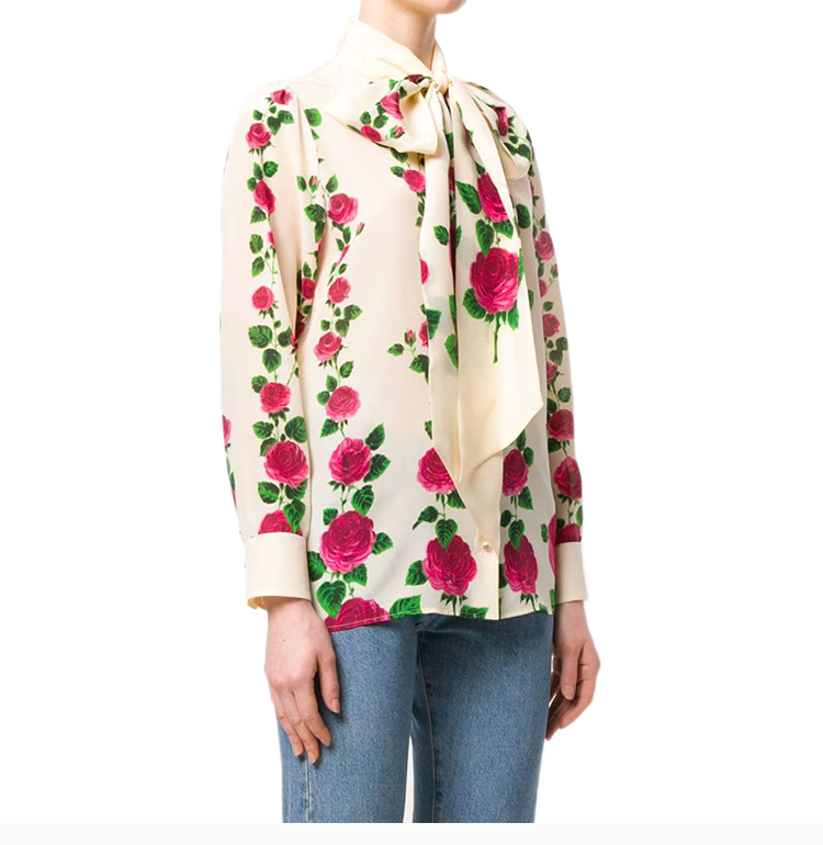 gucci/古驰 女士米白色丝绸玫瑰印花长袖衬衫外套
