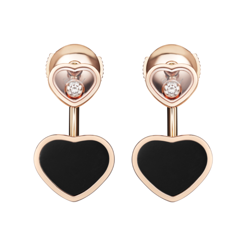 【包税】chopard/萧邦 女士经典款快乐爱心玫瑰金钻石黑玛瑙耳环 83a