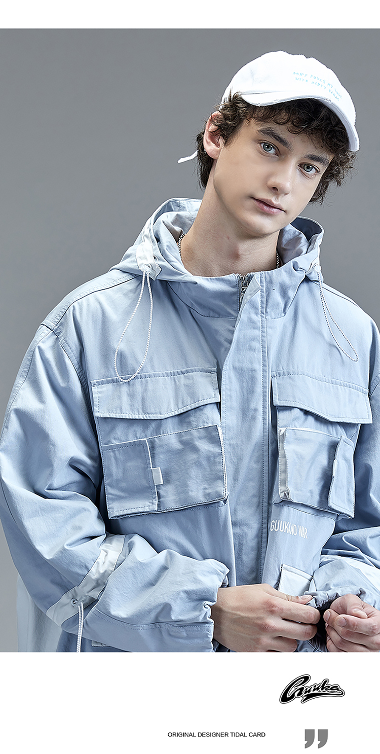 guuka 王一博 同款 潮牌 拼接 运动 风衣 男 薄款 青少年 嘻哈 多口袋