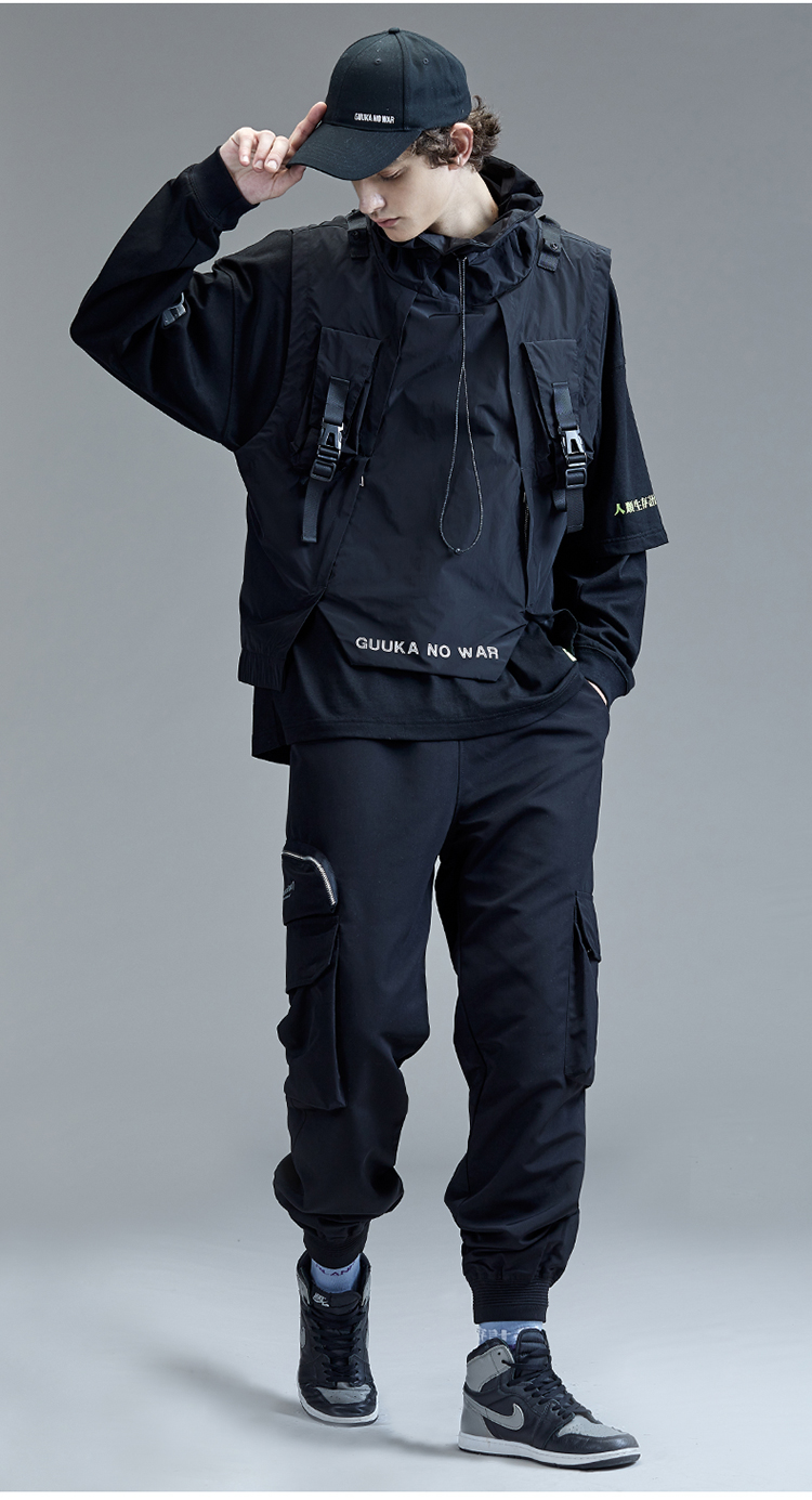 guuka 潮牌 机能背心马甲 男 薄款 秋季 嘻哈 户外 连帽 工装 马甲 男