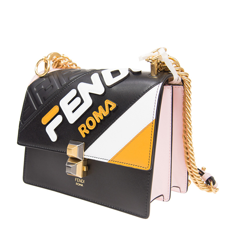 【21春夏】fendi/芬迪 女士拼色牛皮铆钉搭扣翻盖logo印花双f印花风琴