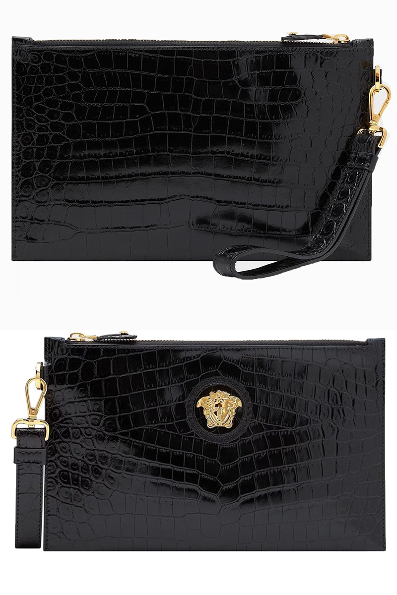 versace/范思哲黑色鳄鱼纹皮革饰金属美杜莎头像男士手拿包dp84725