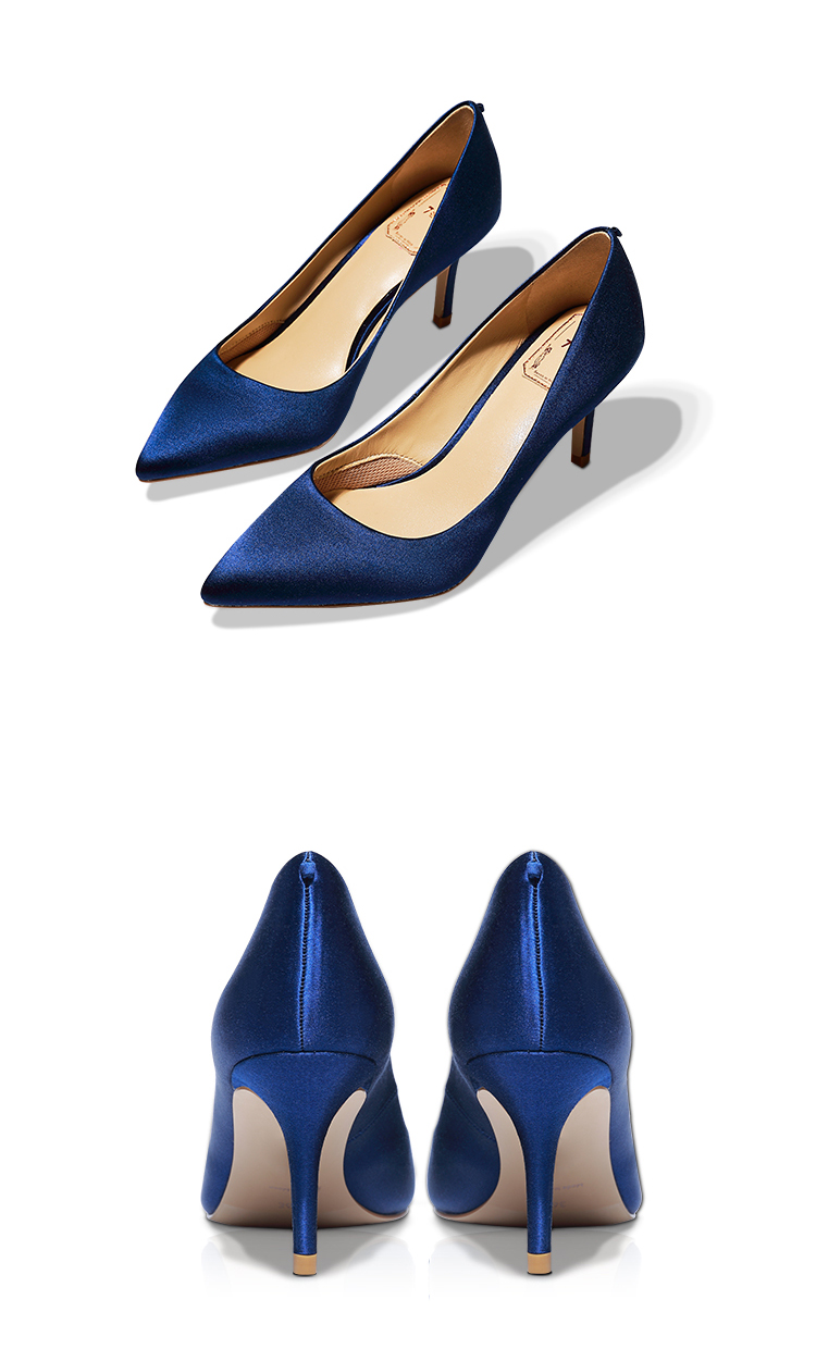 7or9莫奈花园-蓝莓能跑步的高跟鞋百变可搭配配饰深蓝真丝尖头细跟