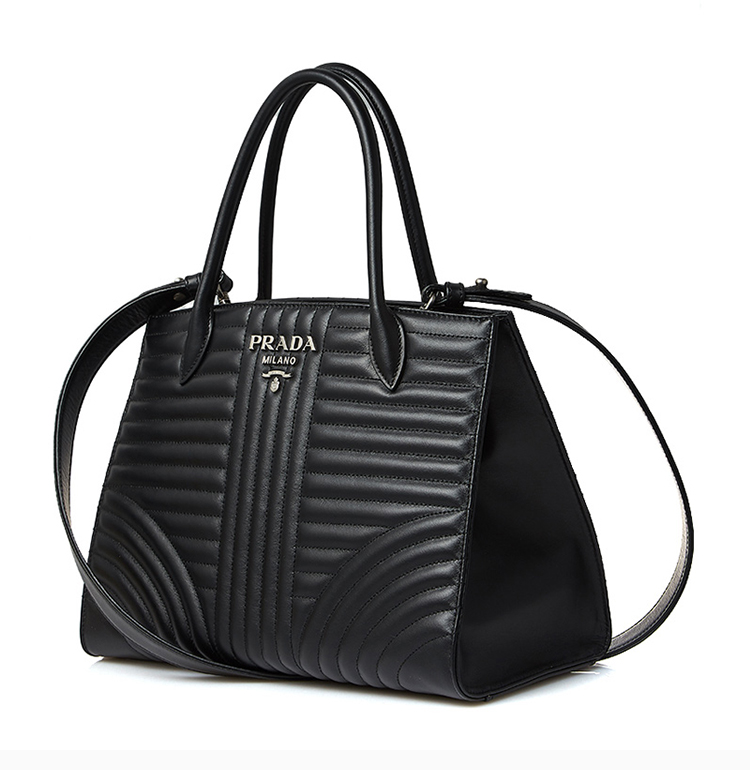 prada/普拉达 diagramme系列 女士黑色牛皮 logo 手提