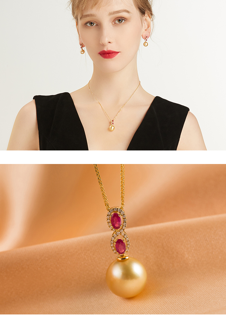 cloris/克劳瑞斯 彩宝 南洋金珠镶嵌18k钻石&红宝石 吊坠 ,耳环 精美