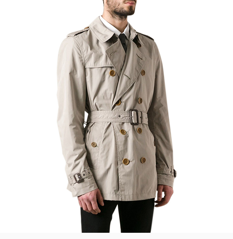 burberry/博柏利 男士杏色涤纶双排扣束腰修身中款风衣大衣