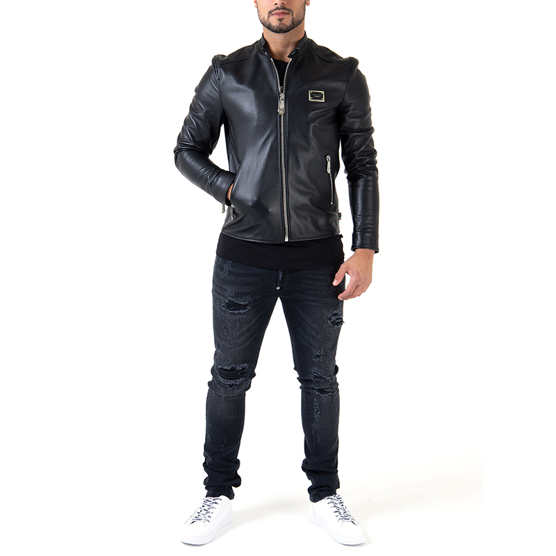 philipp plein/菲利普·普兰 黑色羊皮品牌徽标男士皮衣夹克 f19c mlb