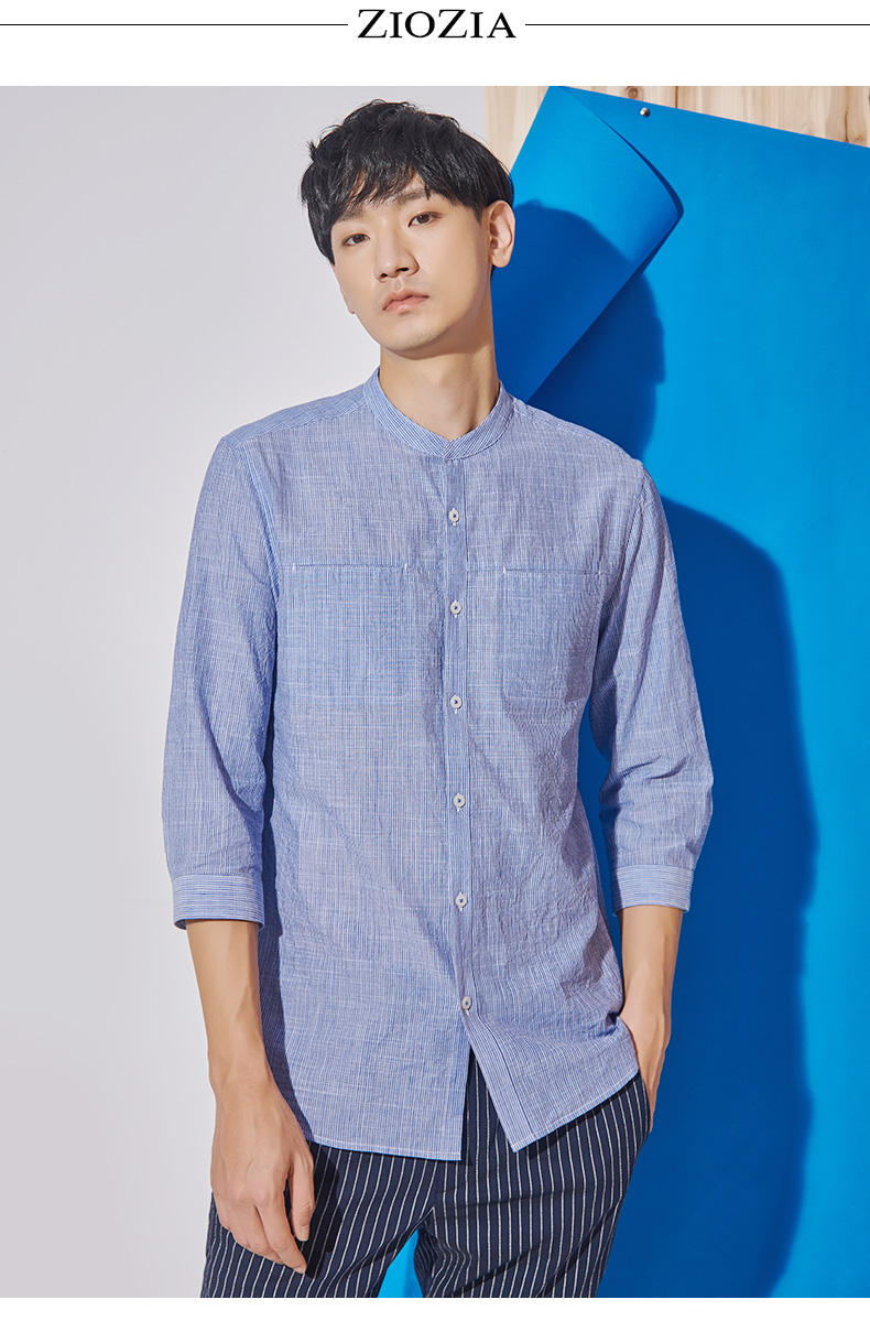 ziozia/ziozia夏季男士韩版时尚潮流方领七分袖衬衫青年休闲男士长袖