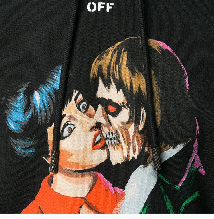 off-white/off-white 19春夏 男士黑色棉质图文印花休闲长袖连帽男