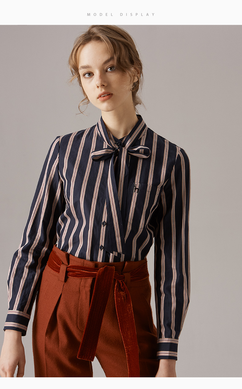 hazzys/哈吉斯2109年秋季新款英伦风撞色条纹蝴蝶结女士长袖衬衫ascsk
