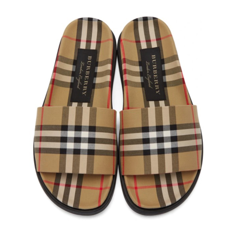 burberry/博柏利 春夏复古黄驼色男士拖鞋格纹凉拖