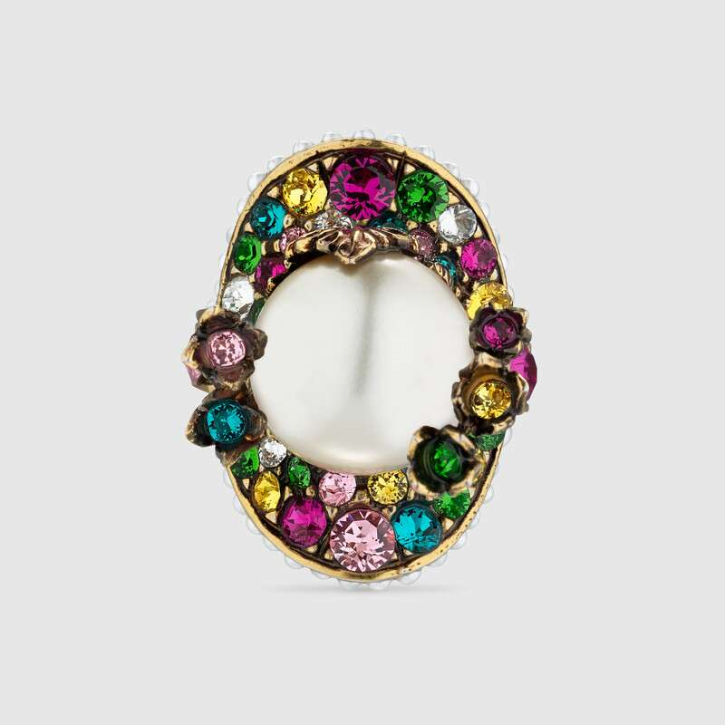 【19aw】gucci/古驰 饰珍珠彩色水晶花朵镌刻叶片金属花蕾戒指/指环