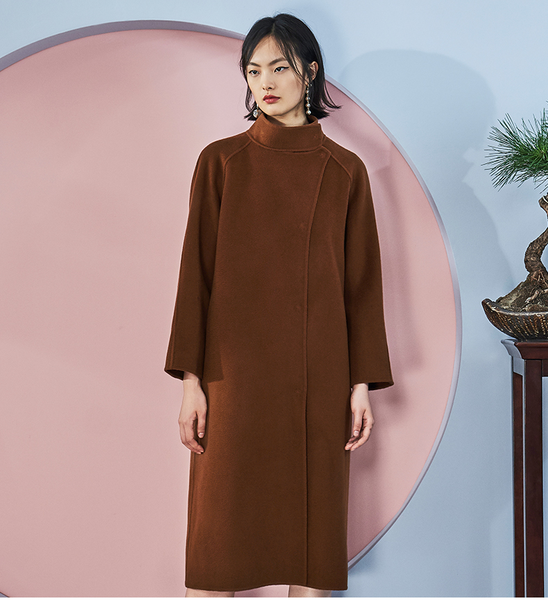 花木深焦糖色双面呢大衣女冬中国风长款过膝中式显瘦羊绒呢子外套