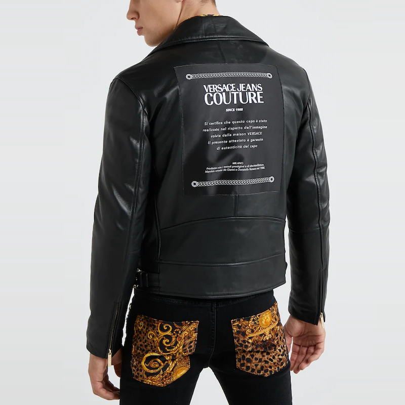 versace jeans/范思哲牛仔新款黑色皮革缝品牌标识男士皮衣eecgua9p0
