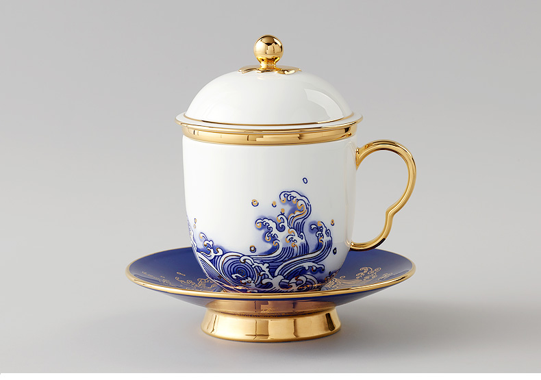 国瓷永丰源 先生瓷海上明珠 250ml四件套陶瓷茶杯 带盖茶漏办公杯