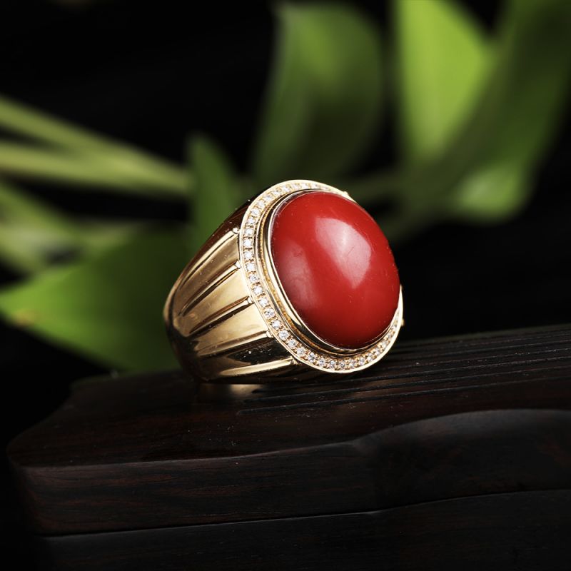 zhangs textiles/绣花张 18k金镶嵌阿卡珊瑚男士戒指