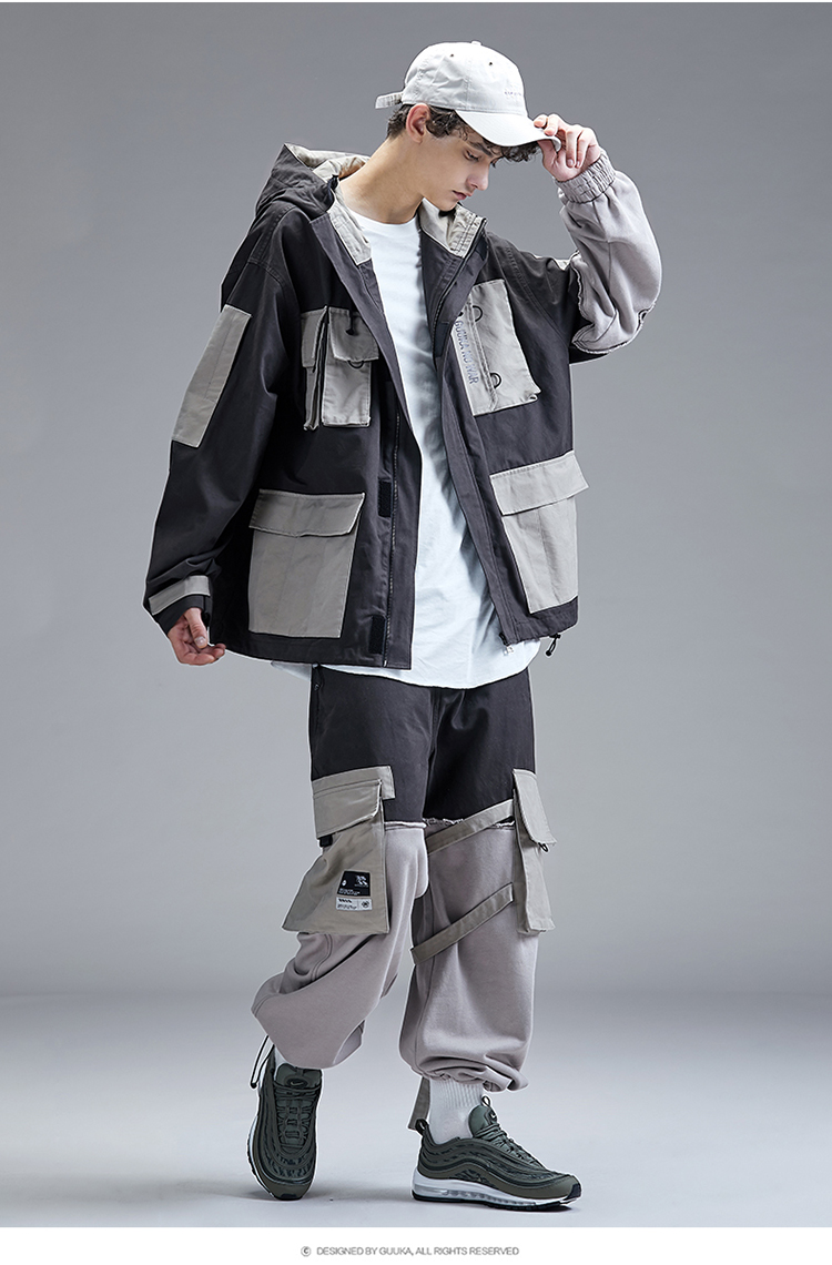 guuka 多口袋 工装 外套 男 潮牌 日系 青少年 嘻哈 撞色 拼接 运动
