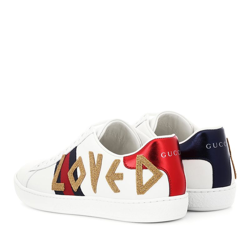 gucci/古驰2019年新款白色皮革刺绣love贴花女士系带运动鞋小白鞋